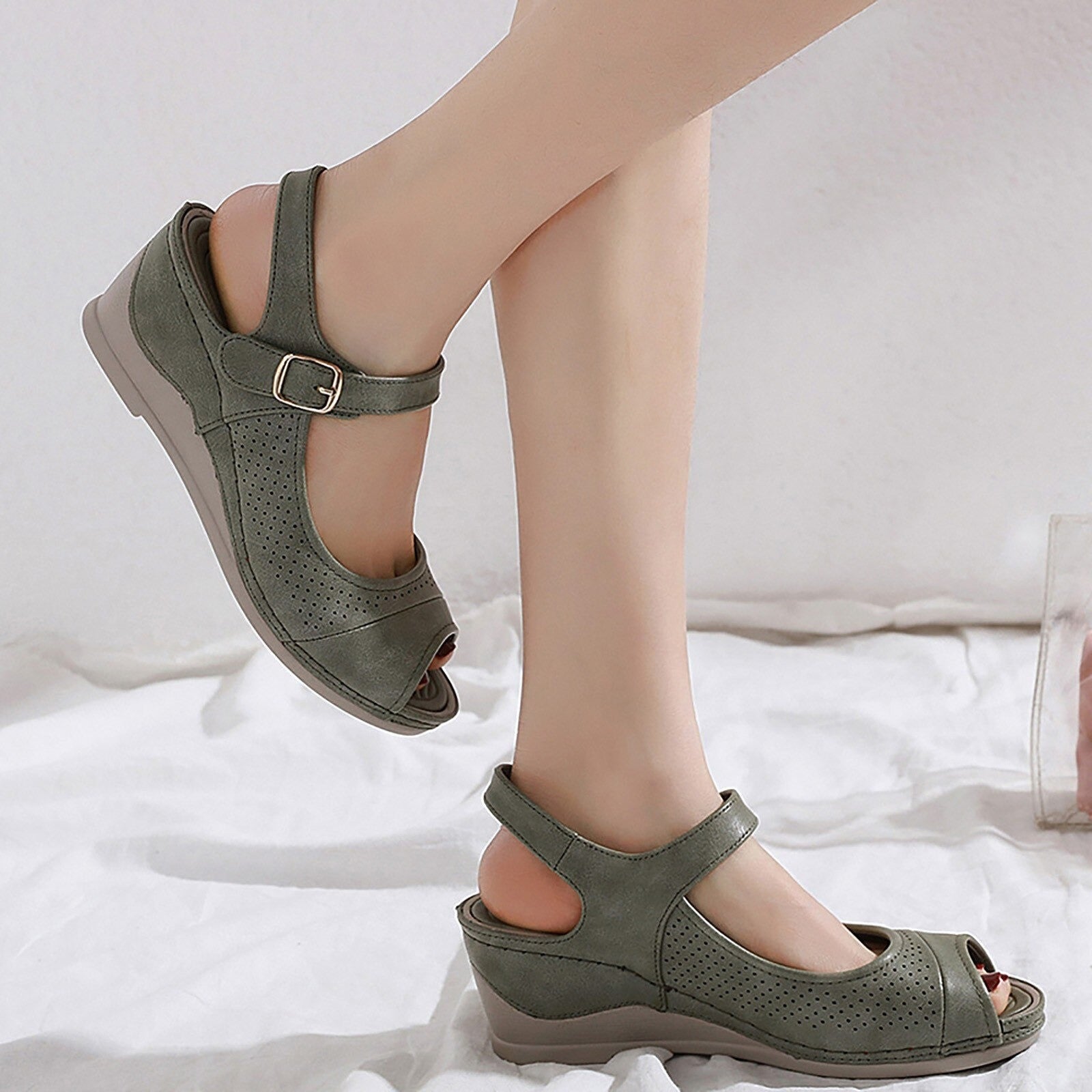 OCW Women Casual Open Peep Toe Sandals Breathable Hollow Hook Loop Wedge Comfortable OCWShoes