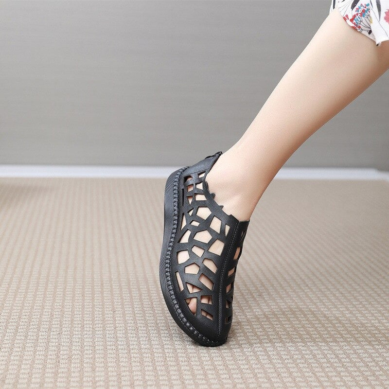 OCW Summer Leather Hollow Women Shoes Sandals Casual Flat Soft Sole Comfortable Sandals OCWShoes