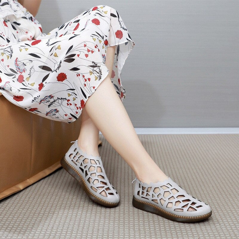 OCW Summer Leather Hollow Women Shoes Sandals Casual Flat Soft Sole Comfortable Sandals OCWShoes