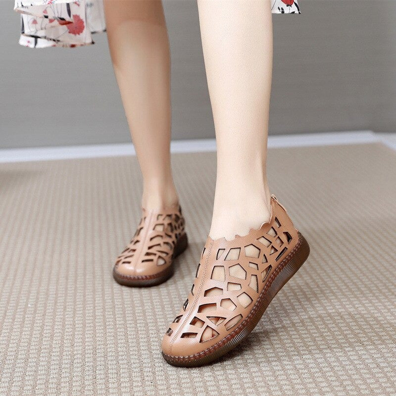 OCW Summer Leather Hollow Women Shoes Sandals Casual Flat Soft Sole Comfortable Sandals OCWShoes