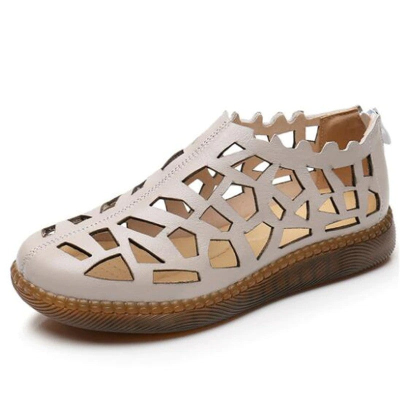 OCW Summer Leather Hollow Women Shoes Sandals Casual Flat Soft Sole Comfortable Sandals OCWShoes