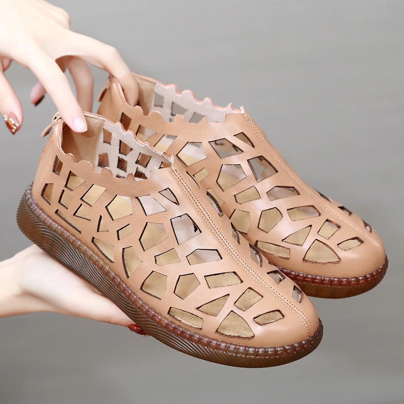 OCW Summer Leather Hollow Women Shoes Sandals Casual Flat Soft Sole Comfortable Sandals OCWShoes
