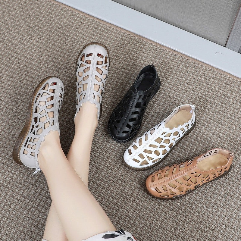 OCW Summer Leather Hollow Women Shoes Sandals Casual Flat Soft Sole Comfortable Sandals OCWShoes