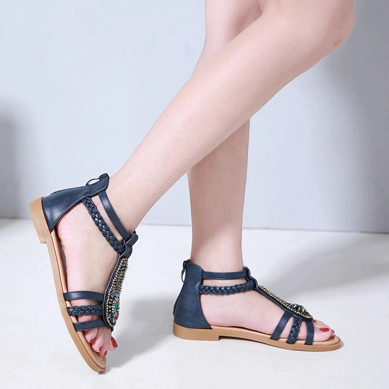 OCW Bohemia Rhinestone Sandals For Women Beach Summer Soft Leather OCWShoes