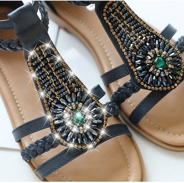 OCW Bohemia Rhinestone Sandals For Women Beach Summer Soft Leather OCWShoes