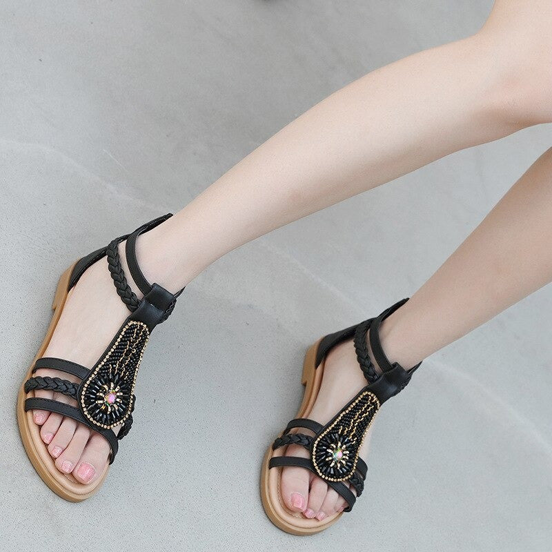 OCW Bohemia Rhinestone Sandals For Women Beach Summer Soft Leather OCWShoes