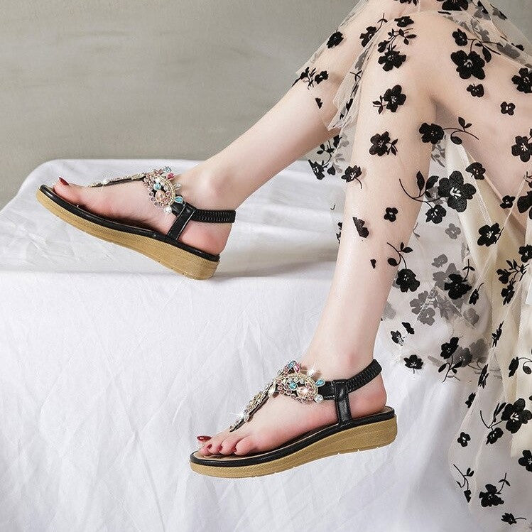 OCW Summer Round Toe Sandals For Women Soft Rhinestone Roman Crystal Platform OCWShoes