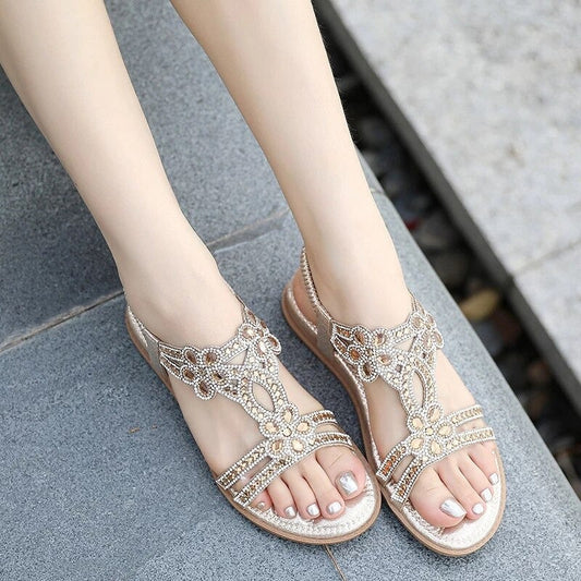 OCW Crystal Sandals For Women Flat Summer Casual Rhinestone Floral OCWShoes