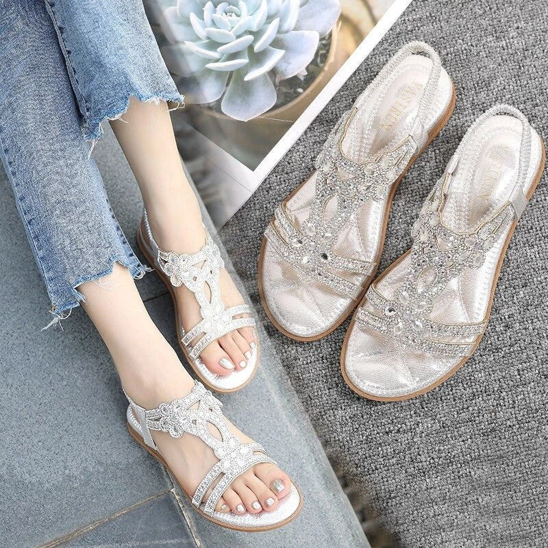OCW Crystal Sandals For Women Flat Summer Casual Rhinestone Floral OCWShoes
