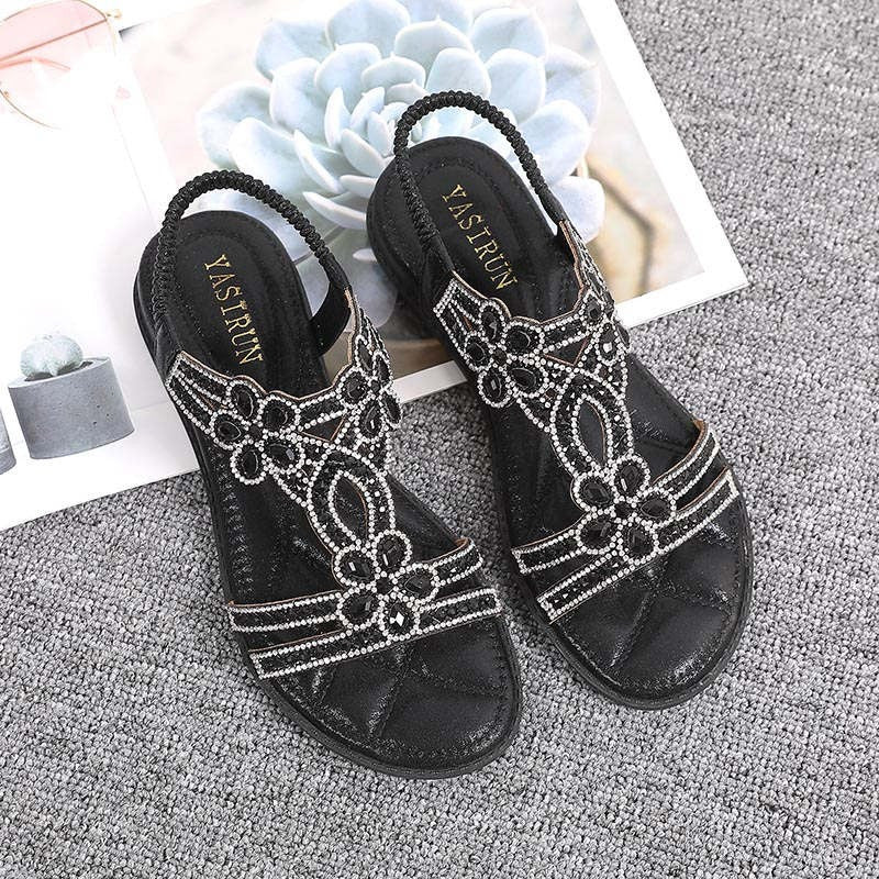 OCW Crystal Sandals For Women Flat Summer Casual Rhinestone Floral OCWShoes