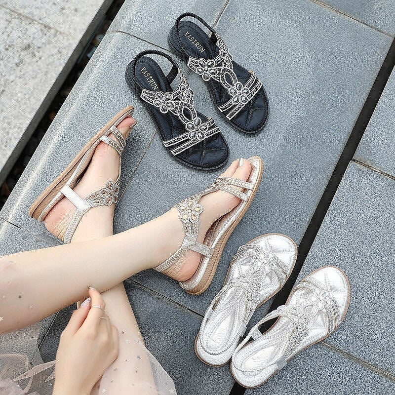 OCW Crystal Sandals For Women Flat Summer Casual Rhinestone Floral OCWShoes
