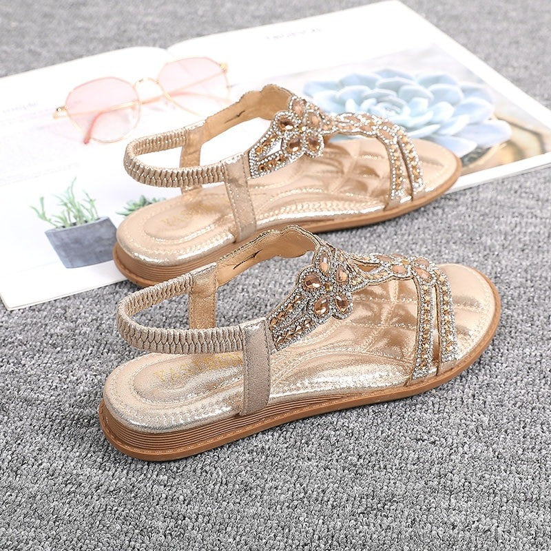 OCW Crystal Sandals For Women Flat Summer Casual Rhinestone Floral OCWShoes