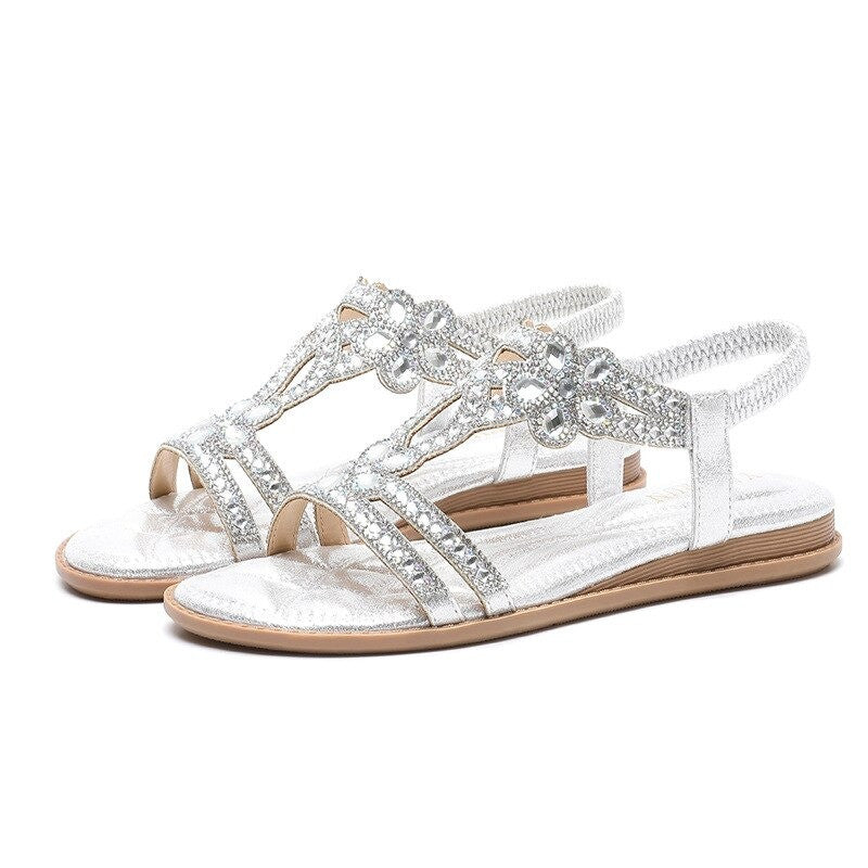 OCW Crystal Sandals For Women Flat Summer Casual Rhinestone Floral OCWShoes