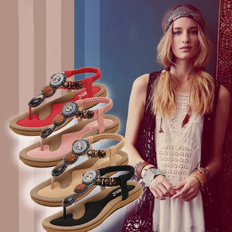 OCW Women Sandals Rhinestones Flat Cushiony Sole Anti-skid Bohemian Trendy OCWShoes