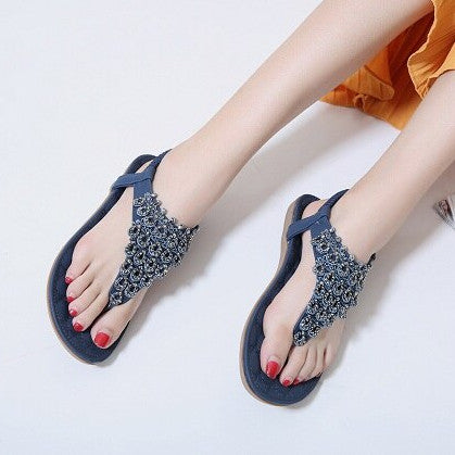 OCW Rhinestone Sandals For Women T-strap Flat Anti-shock Stylish For Summer OCWShoes