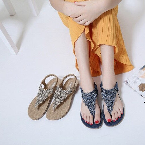 OCW Rhinestone Sandals For Women T-strap Flat Anti-shock Stylish For Summer OCWShoes