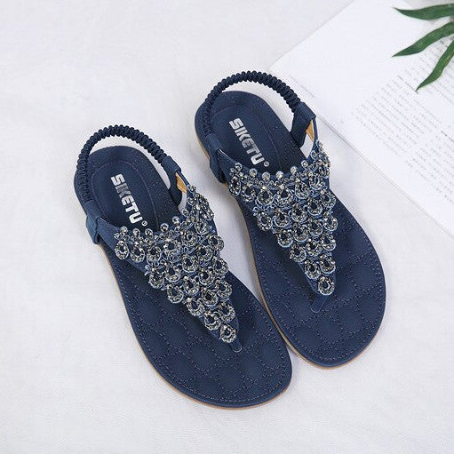 OCW Rhinestone Sandals For Women T-strap Flat Anti-shock Stylish For Summer OCWShoes