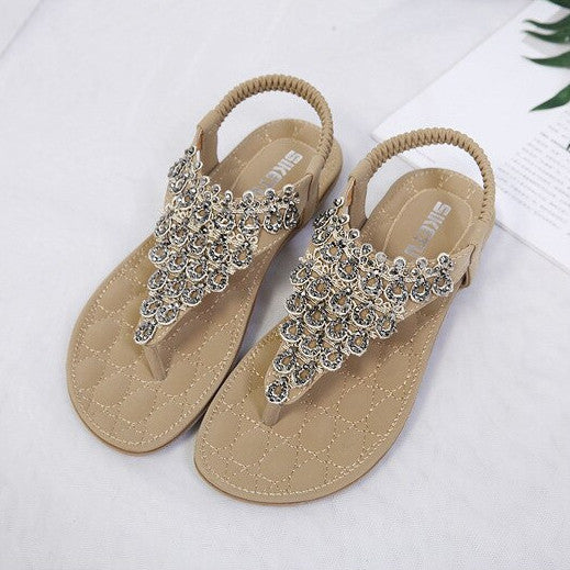 OCW Rhinestone Sandals For Women T-strap Flat Anti-shock Stylish For Summer OCWShoes