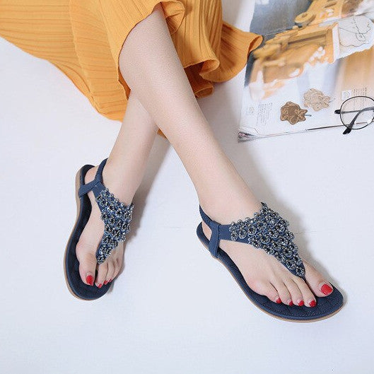 OCW Rhinestone Sandals For Women T-strap Flat Anti-shock Stylish For Summer OCWShoes