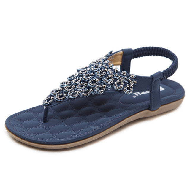 OCW Rhinestone Sandals For Women T-strap Flat Anti-shock Stylish For Summer OCWShoes