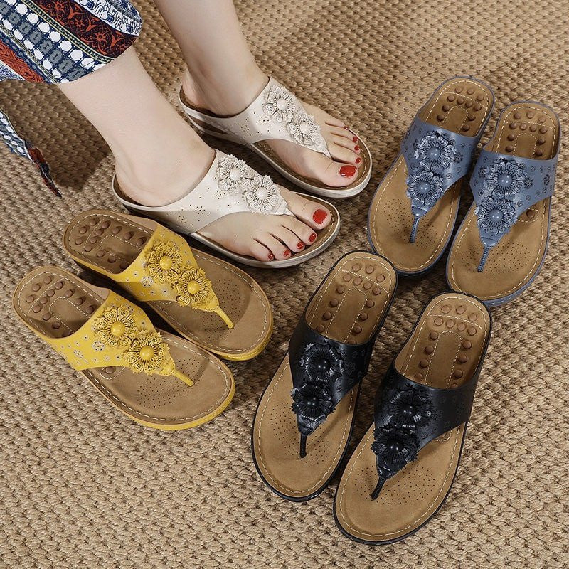 OCW Women Walking Sandals Floral EVA Memory Cushion Summer Wedge Flip-flops