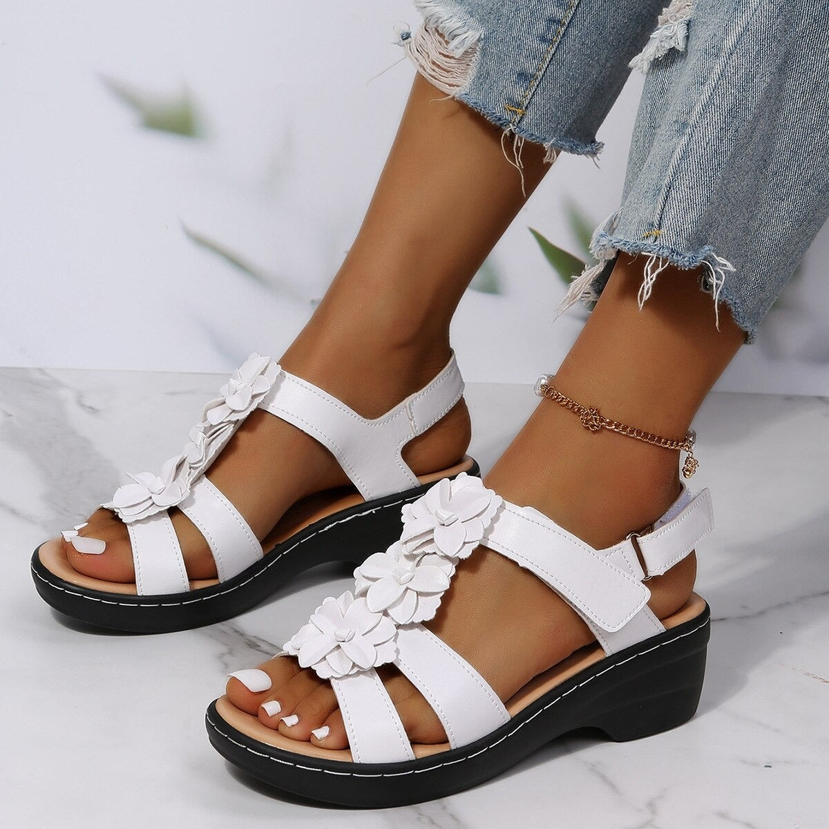 OCW Orthopedic Comfortable Sandals Women Round Toe Summer Flower Slippers OCWShoes
