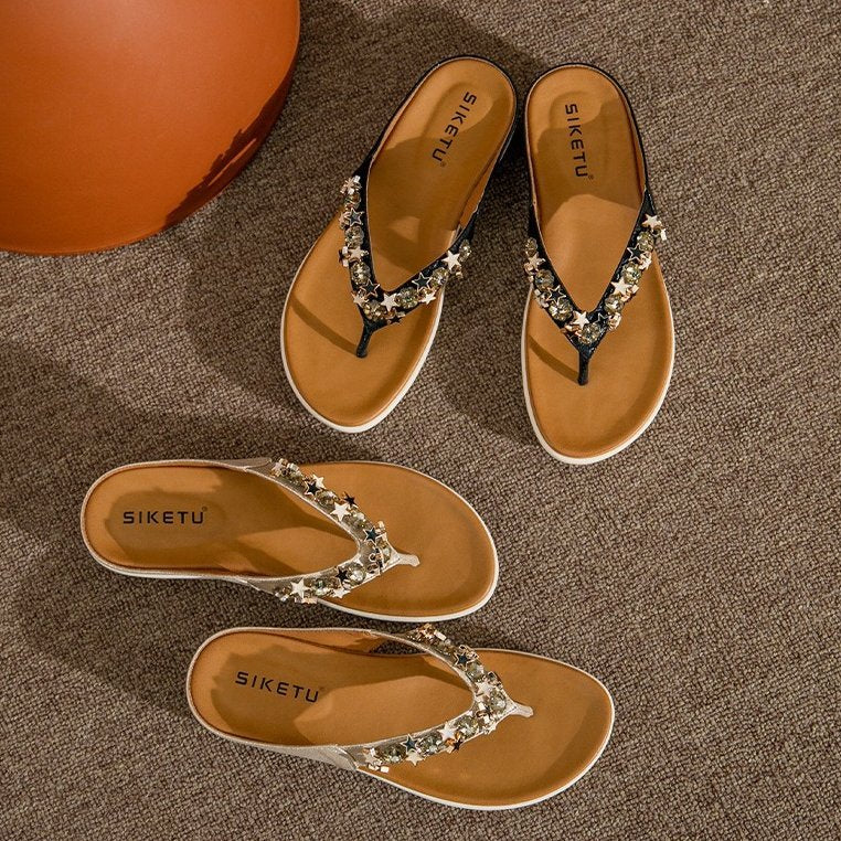 OCW Best Orthopedic Sandals For Women Rhinestone Flat Flip-flops Sparkling Summer OCWShoes