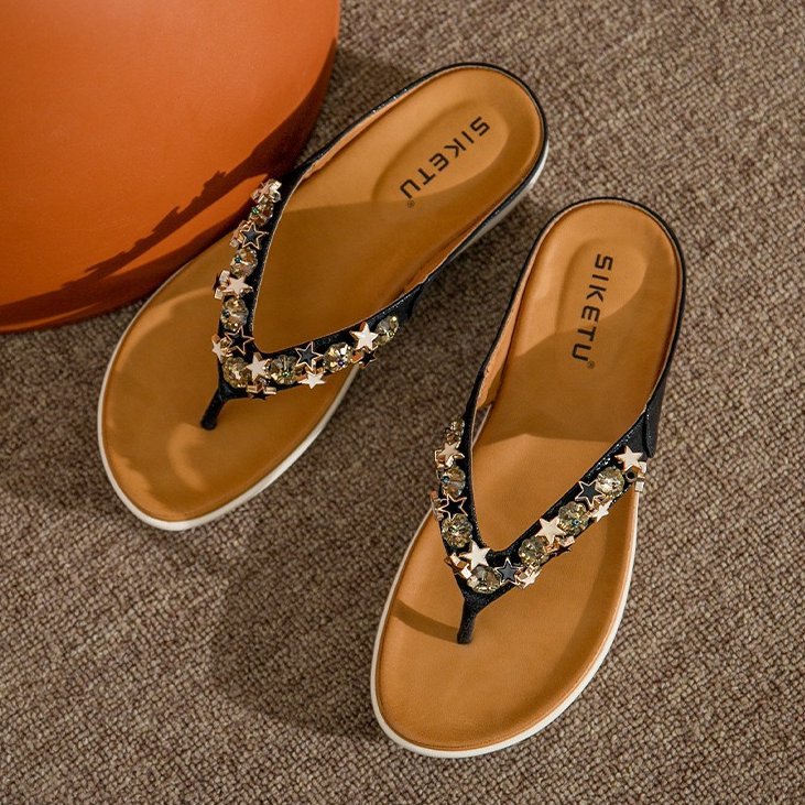 OCW Best Orthopedic Sandals For Women Rhinestone Flat Flip-flops Sparkling Summer OCWShoes