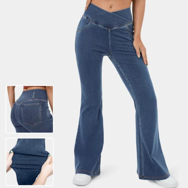 OCW High Waisted Flared Jean Crossover Pocket Washed Stretchy Casual Super Flared