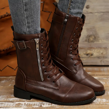 OCW Women Orthopedic Boots Waterproof Leather Warm Mid-calf Side Zipper Winter Walking