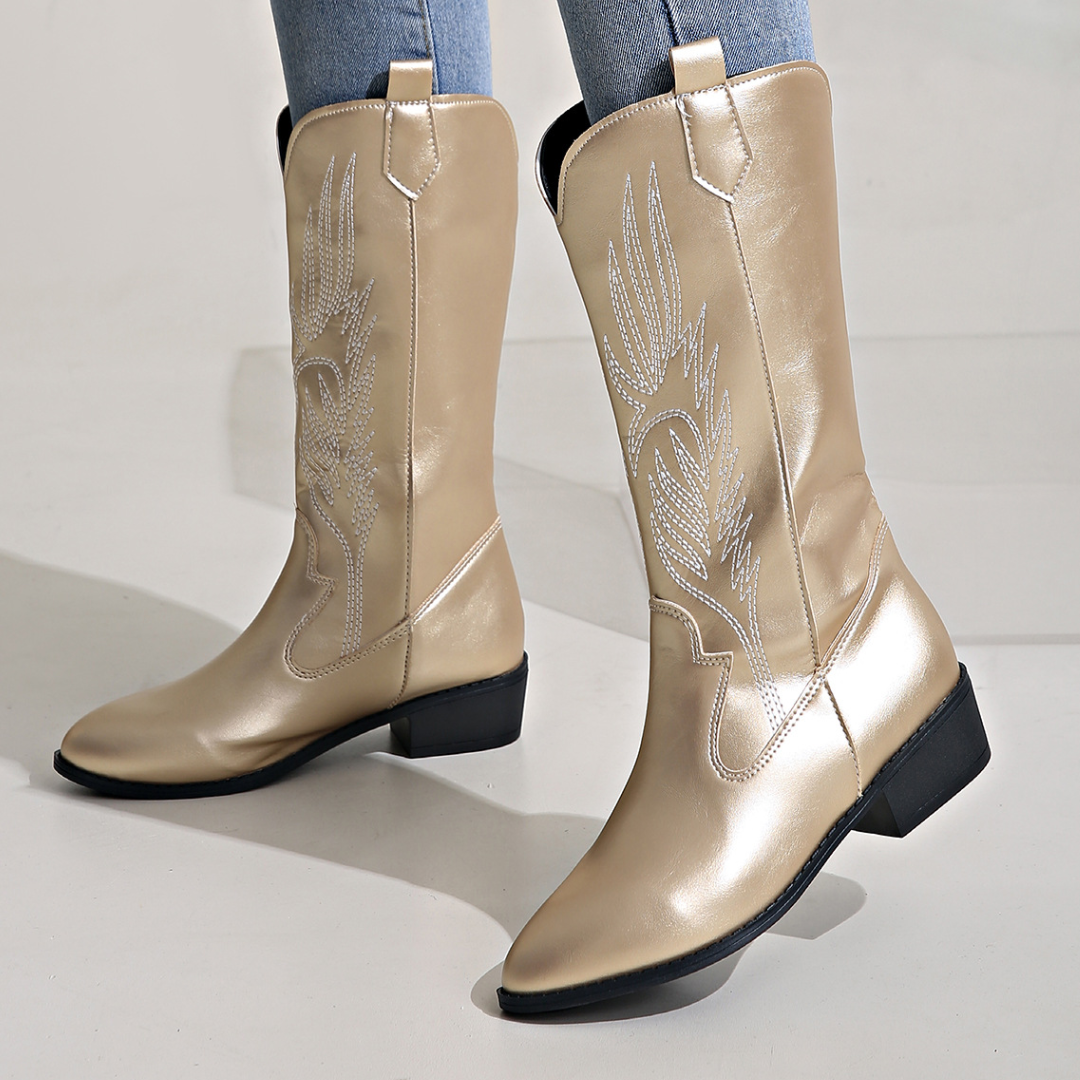 OCW Women Boots Waterproof Leather Mid-calf Comfy Retro Non-skid Zipper Casual Walking