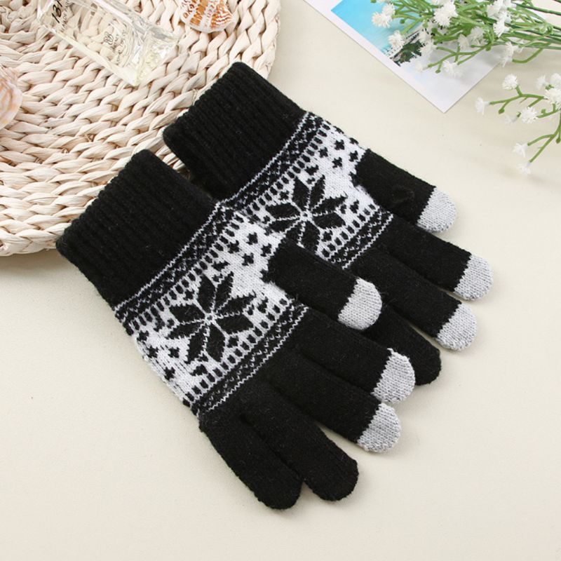 OCW Unisex Touch Screen Knitted Thick Warm Full Finger Snowflake Printed Winter Gloves