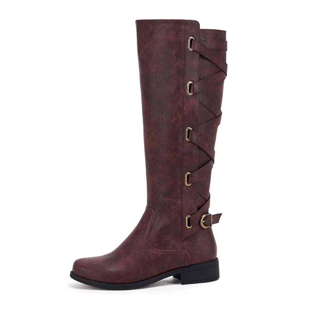 OCW Women Winter New Knee High Boots Waterproof Leather Made Unique Strap Shoes Design