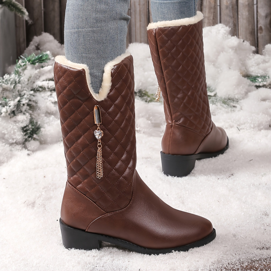 OCW Women Mid-calf Boots Winter Warm Plush Waterproof Leather Non-slip Zipper Comfy Walking
