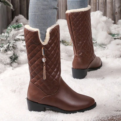 OCW Women Mid-calf Boots Winter Warm Plush Waterproof Leather Non-slip Zipper Comfy Walking