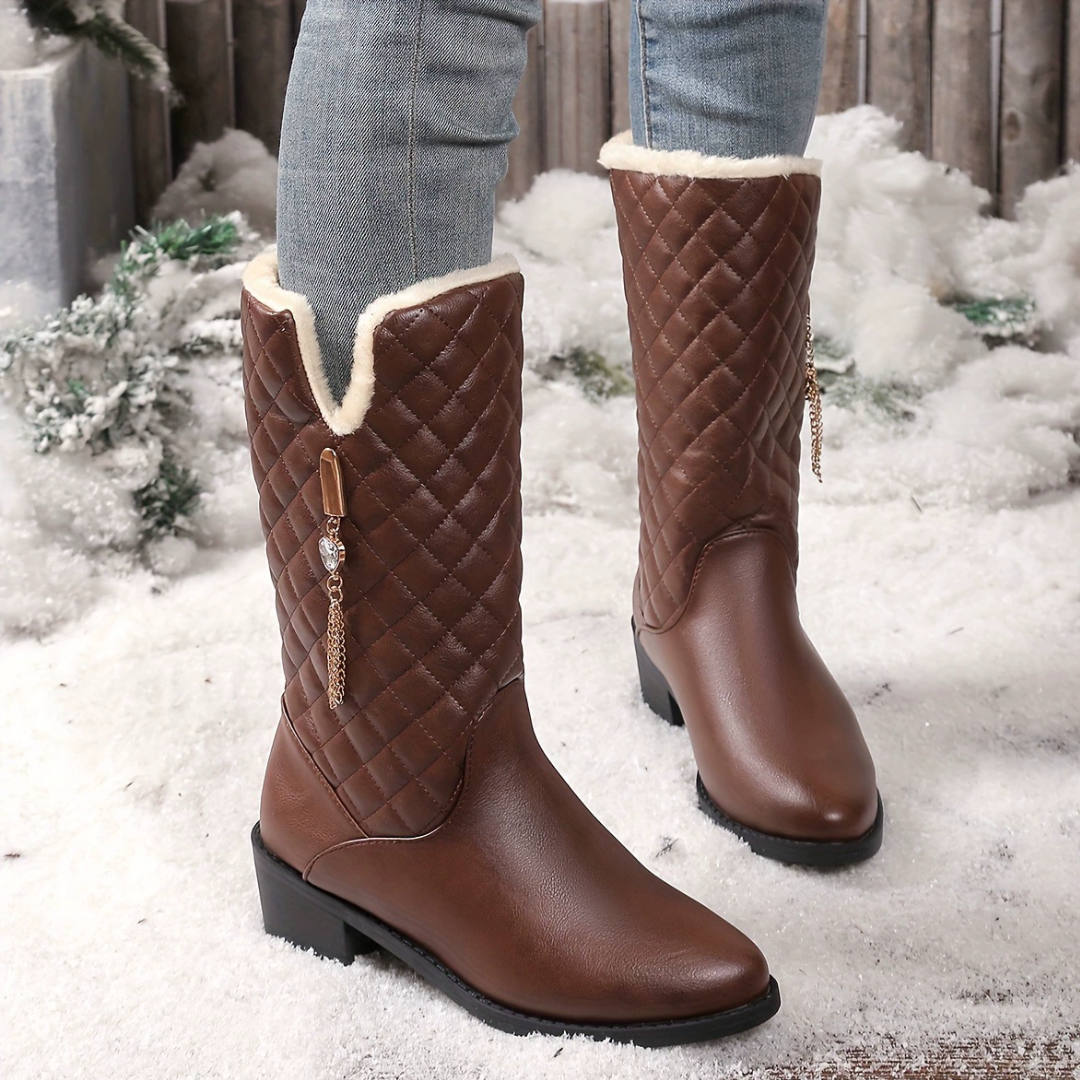 OCW Women Mid-calf Boots Winter Warm Plush Waterproof Leather Non-slip Zipper Comfy Walking