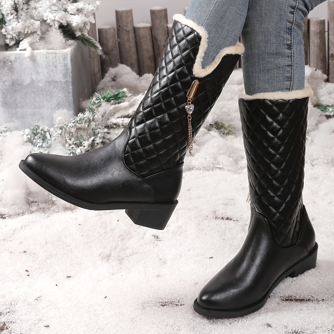 OCW Women Mid-calf Boots Winter Warm Plush Waterproof Leather Non-slip Zipper Comfy Walking
