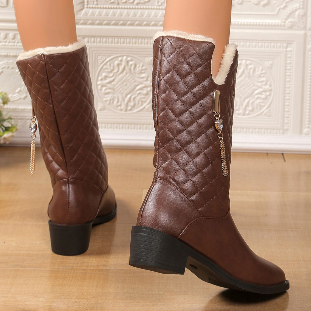 OCW Women Mid-calf Boots Winter Warm Plush Waterproof Leather Non-slip Zipper Comfy Walking