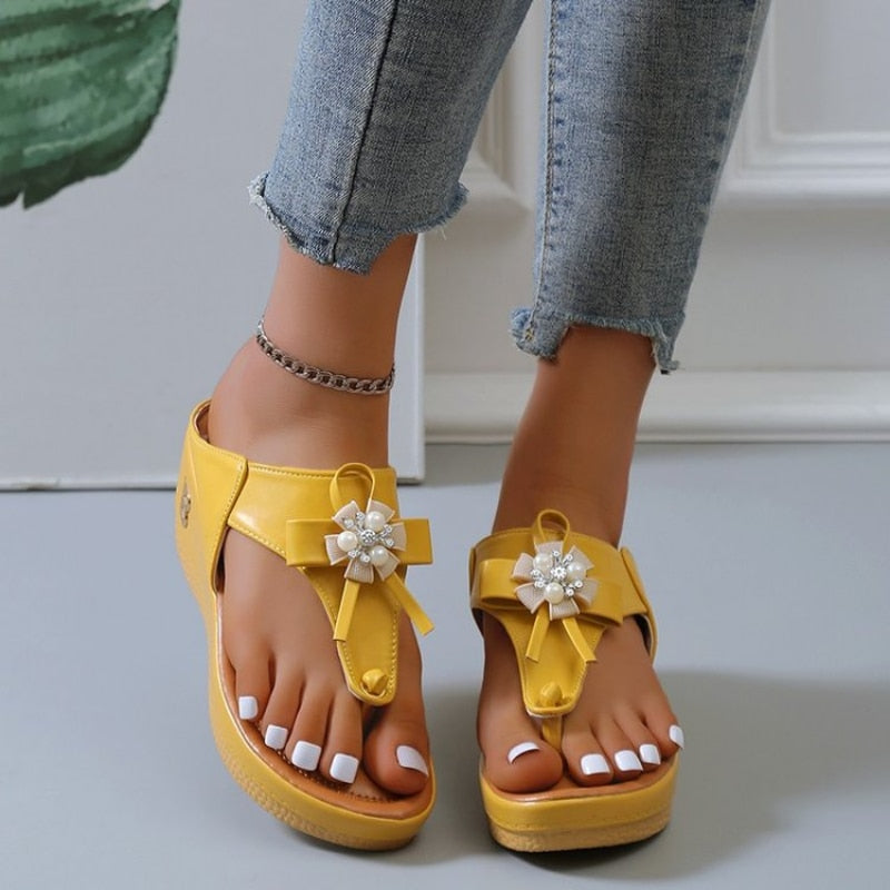OCW Women Orthopedic Sandals Vintage Flower Rhinestones Flip-flops Summer Beach Comfortable Flower Cute