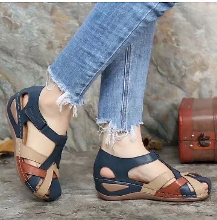 OCW Sandals For Women Retro Round Toe Roman Cut-Out Fashion