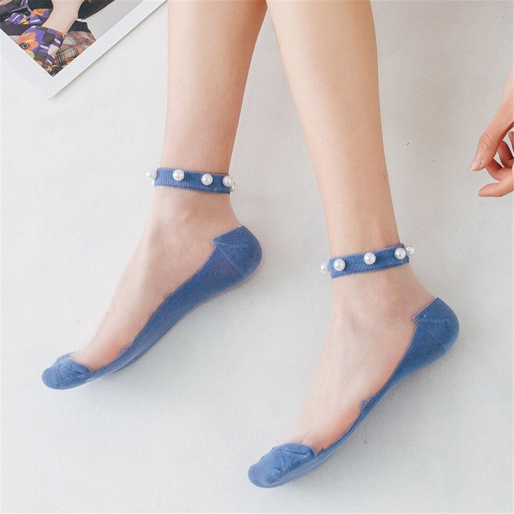 OCW Crystal Pearl Summer Socks Women Transparent Elastic Ultra Thin Silk Design (Set 10 pairs)
