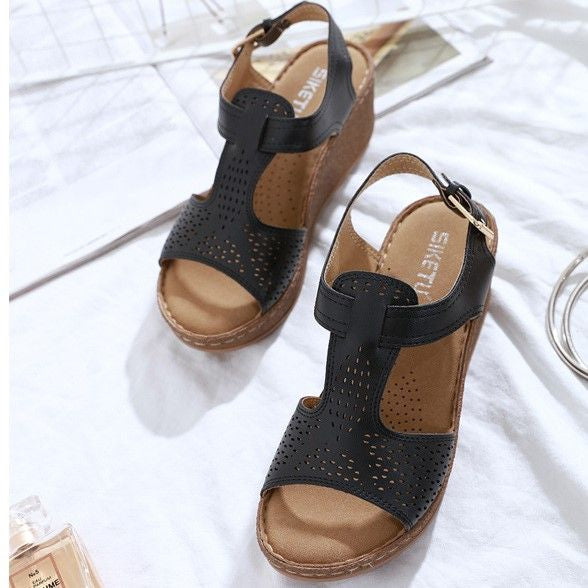 OCW Wedge Leather Sandals For Women Casual Breathable Hollow Out