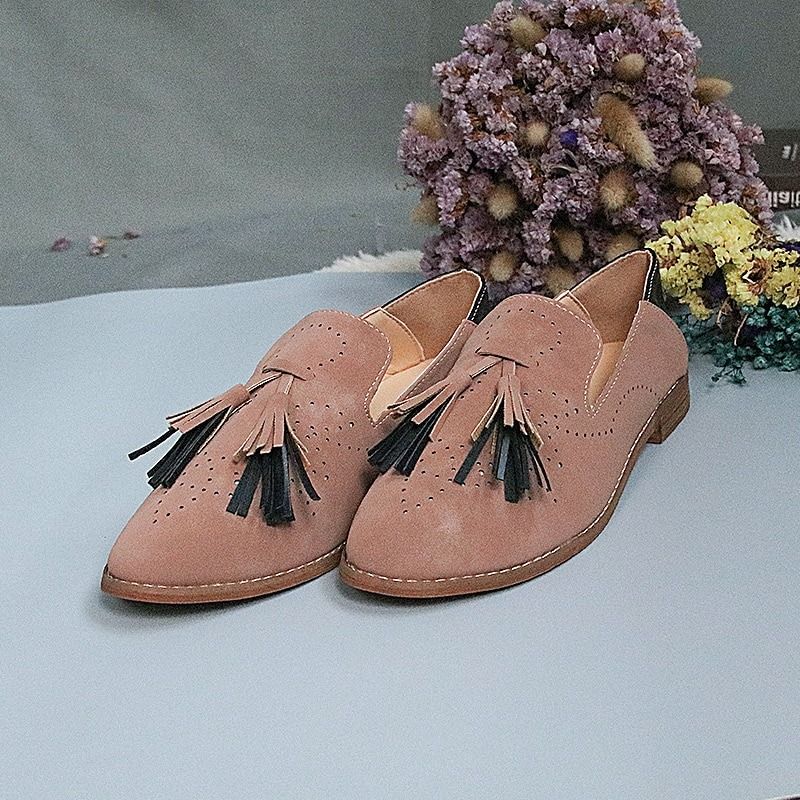 OCW Breathable Suede Women Loafers Tassel Round Toe Leather Lazy Shoes