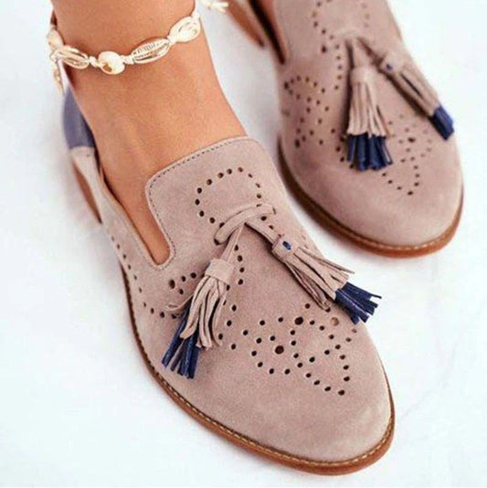 OCW Breathable Suede Women Loafers Tassel Round Toe Leather Lazy Shoes