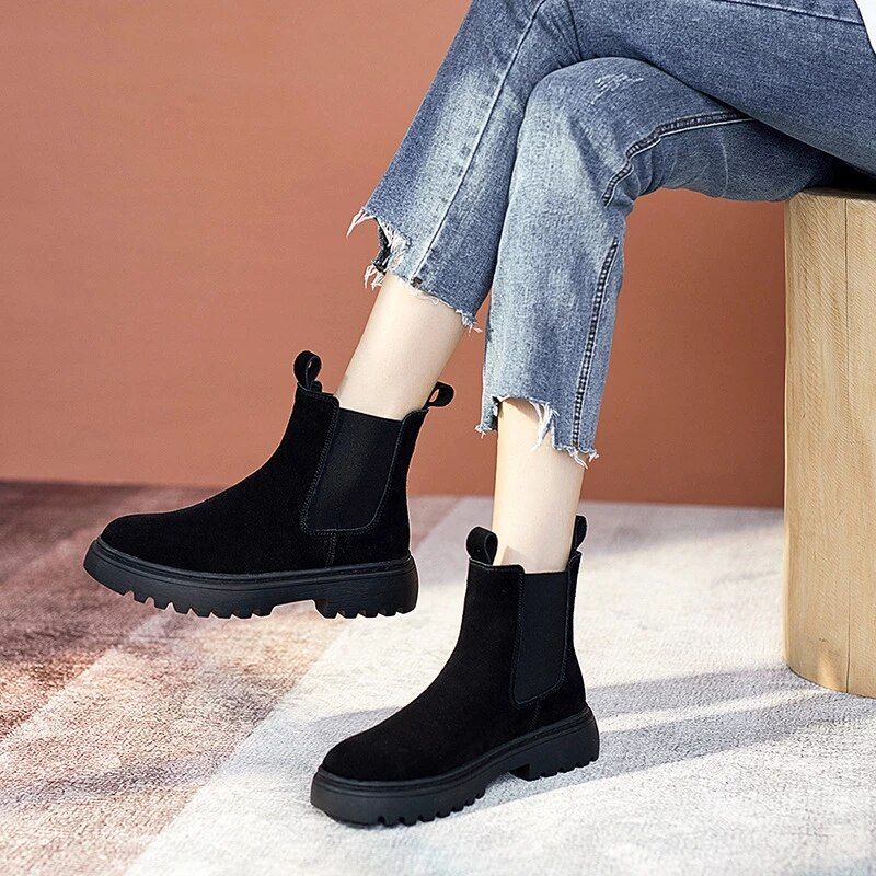 OCW Women Winter Chelsea Boots Suede Leather Comfortable Ankle Shoes