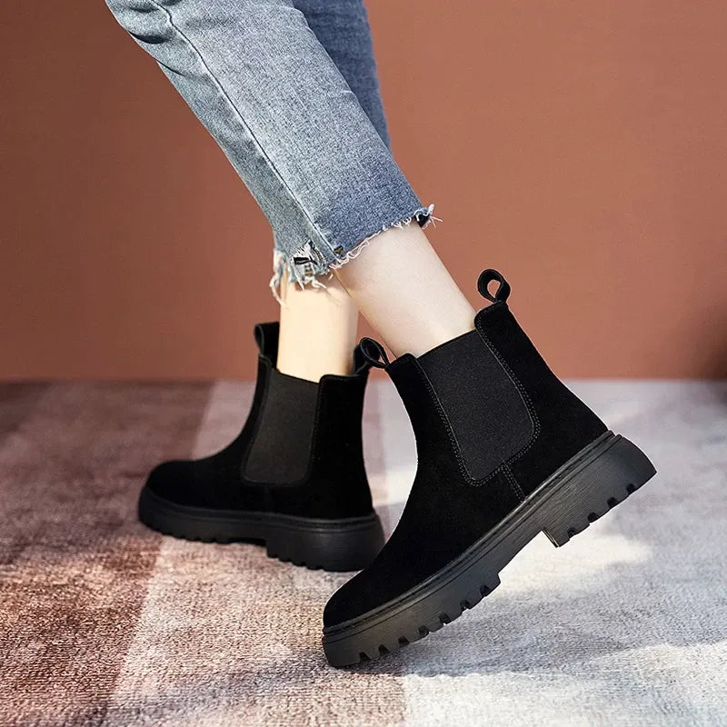 OCW Women Winter Chelsea Boots Suede Leather Comfortable Ankle Shoes