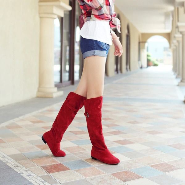 OCW Women Christmas Suede Knee Boots Warm Winter Snow Genuine Comfortable Leather