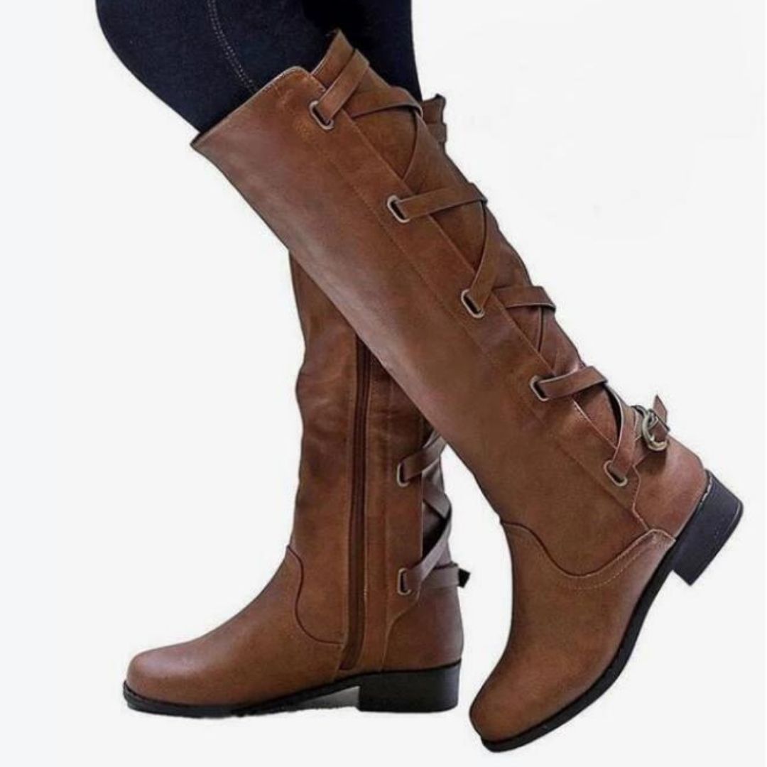 OCW Women Winter New Knee High Boots Waterproof Leather Made Unique Strap Shoes Design
