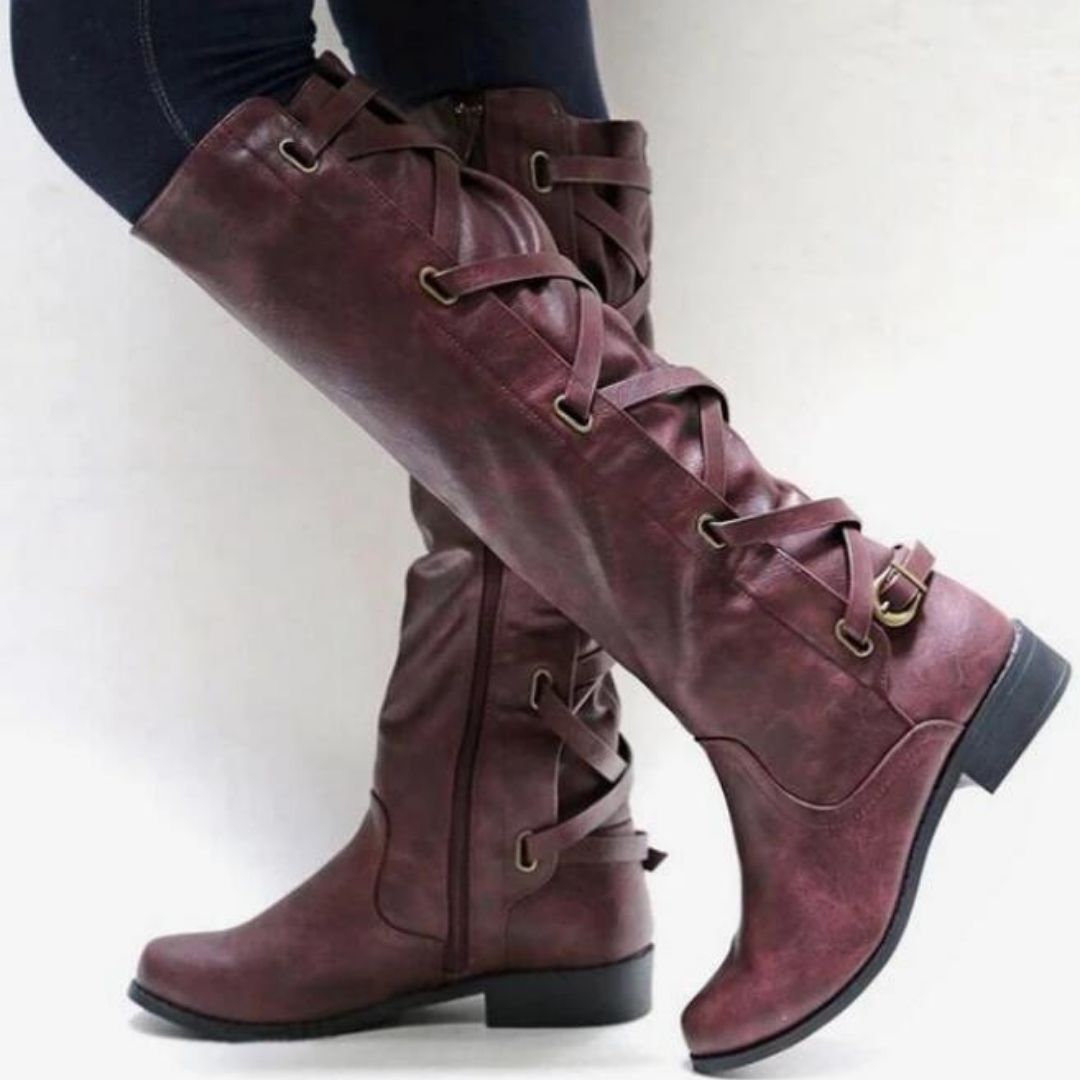 OCW Women Winter New Knee High Boots Waterproof Leather Made Unique Strap Shoes Design