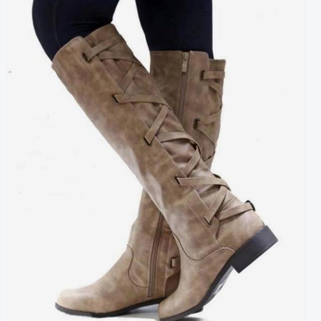 OCW Women Winter New Knee High Boots Waterproof Leather Made Unique Strap Shoes Design